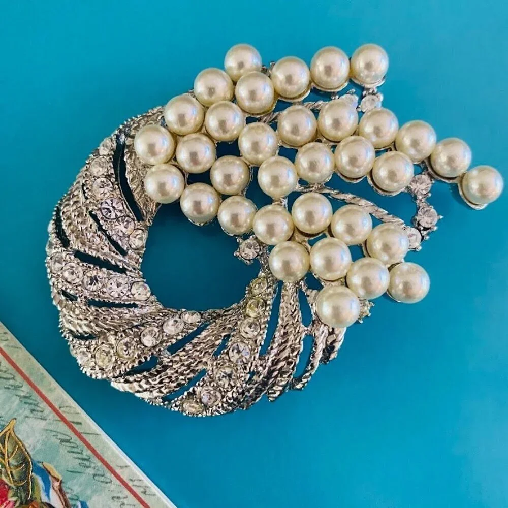 Vintage Crystal & Faux Pearl Waterfall Brooch Silver-Tone